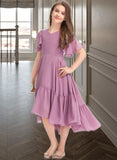 Kaylie A-Line V-neck Asymmetrical Chiffon Junior Bridesmaid Dress With Cascading Ruffles STAP0013342