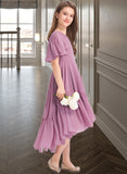 Kaylie A-Line V-neck Asymmetrical Chiffon Junior Bridesmaid Dress With Cascading Ruffles STAP0013342