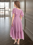 Kaylie A-Line V-neck Asymmetrical Chiffon Junior Bridesmaid Dress With Cascading Ruffles STAP0013342