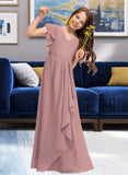 Georgia A-Line V-neck Floor-Length Chiffon Junior Bridesmaid Dress With Cascading Ruffles STAP0013343