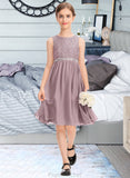 Alani A-Line Scoop Neck Knee-Length Chiffon Lace Junior Bridesmaid Dress With Beading Bow(s) STAP0013344