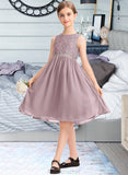 Alani A-Line Scoop Neck Knee-Length Chiffon Lace Junior Bridesmaid Dress With Beading Bow(s) STAP0013344