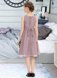 Alani A-Line Scoop Neck Knee-Length Chiffon Lace Junior Bridesmaid Dress With Beading Bow(s) STAP0013344