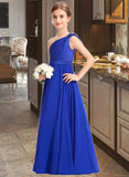 Nevaeh A-Line One-Shoulder Floor-Length Chiffon Charmeuse Junior Bridesmaid Dress With Ruffle STAP0013347