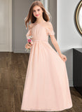 Kira A-Line V-neck Floor-Length Chiffon Junior Bridesmaid Dress With Ruffle Bow(s) STAP0013349