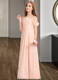 Kira A-Line V-neck Floor-Length Chiffon Junior Bridesmaid Dress With Ruffle Bow(s) STAP0013349