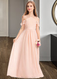 Kira A-Line V-neck Floor-Length Chiffon Junior Bridesmaid Dress With Ruffle Bow(s) STAP0013349