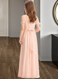 Kira A-Line V-neck Floor-Length Chiffon Junior Bridesmaid Dress With Ruffle Bow(s) STAP0013349