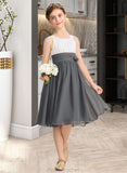 Emmy A-Line Scoop Neck Knee-Length Chiffon Junior Bridesmaid Dress With Ruffle Flower(s) STAP0013350