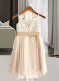 Pru A-Line Square Neckline Knee-Length Tulle Junior Bridesmaid Dress With Sash Bow(s) STAP0013351