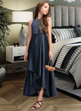 Mabel A-Line Scoop Neck Asymmetrical Satin Junior Bridesmaid Dress With Cascading Ruffles STAP0013352