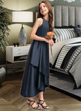 Mabel A-Line Scoop Neck Asymmetrical Satin Junior Bridesmaid Dress With Cascading Ruffles STAP0013352