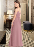 Lorelei A-Line V-neck Floor-Length Chiffon Junior Bridesmaid Dress With Ruffle STAP0013354