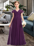 Reagan A-Line V-neck Floor-Length Chiffon Junior Bridesmaid Dress With Bow(s) Cascading Ruffles STAP0013355