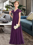 Reagan A-Line V-neck Floor-Length Chiffon Junior Bridesmaid Dress With Bow(s) Cascading Ruffles STAP0013355