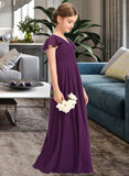 Reagan A-Line V-neck Floor-Length Chiffon Junior Bridesmaid Dress With Bow(s) Cascading Ruffles STAP0013355