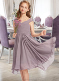 Clare A-Line V-neck Knee-Length Chiffon Lace Junior Bridesmaid Dress With Ruffle STAP0013358