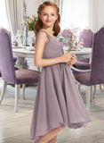 Clare A-Line V-neck Knee-Length Chiffon Lace Junior Bridesmaid Dress With Ruffle STAP0013358