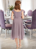 Clare A-Line V-neck Knee-Length Chiffon Lace Junior Bridesmaid Dress With Ruffle STAP0013358