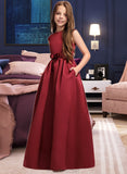 Kali A-Line Scoop Neck Floor-Length Satin Junior Bridesmaid Dress With Bow(s) Pockets STAP0013391