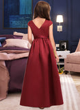 Kali A-Line Scoop Neck Floor-Length Satin Junior Bridesmaid Dress With Bow(s) Pockets STAP0013391