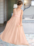 Alice A-Line V-neck Floor-Length Chiffon Junior Bridesmaid Dress With Ruffle Bow(s) STAP0013402