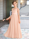 Alice A-Line V-neck Floor-Length Chiffon Junior Bridesmaid Dress With Ruffle Bow(s) STAP0013402