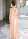 Alice A-Line V-neck Floor-Length Chiffon Junior Bridesmaid Dress With Ruffle Bow(s) STAP0013402