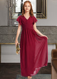 Setlla A-Line V-neck Floor-Length Chiffon Junior Bridesmaid Dress With Ruffle STAP0013405