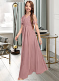 Carlee A-Line V-neck Floor-Length Chiffon Junior Bridesmaid Dress With Cascading Ruffles STAP0013413