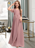 Carlee A-Line V-neck Floor-Length Chiffon Junior Bridesmaid Dress With Cascading Ruffles STAP0013413