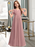 Carlee A-Line V-neck Floor-Length Chiffon Junior Bridesmaid Dress With Cascading Ruffles STAP0013413