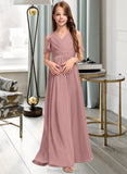 Carlee A-Line V-neck Floor-Length Chiffon Junior Bridesmaid Dress With Cascading Ruffles STAP0013413