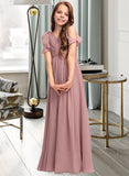 Carlee A-Line V-neck Floor-Length Chiffon Junior Bridesmaid Dress With Cascading Ruffles STAP0013413