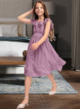 Frida A-Line Scoop Neck Knee-Length Chiffon Junior Bridesmaid Dress With Bow(s) Cascading Ruffles STAP0013426