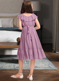 Frida A-Line Scoop Neck Knee-Length Chiffon Junior Bridesmaid Dress With Bow(s) Cascading Ruffles STAP0013426