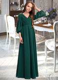 Jaqueline A-Line V-neck Floor-Length Chiffon Junior Bridesmaid Dress With Ruffles STAP0013427