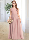 Aniyah A-Line Scoop Neck Floor-Length Chiffon Lace Junior Bridesmaid Dress With Bow(s) STAP0013429