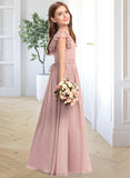 Aniyah A-Line Scoop Neck Floor-Length Chiffon Lace Junior Bridesmaid Dress With Bow(s) STAP0013429