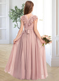 Aniyah A-Line Scoop Neck Floor-Length Chiffon Lace Junior Bridesmaid Dress With Bow(s) STAP0013429