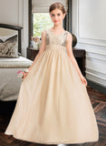 Chaya A-Line V-neck Floor-Length Chiffon Sequined Junior Bridesmaid Dress With Ruffle STAP0013430