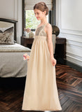 Chaya A-Line V-neck Floor-Length Chiffon Sequined Junior Bridesmaid Dress With Ruffle STAP0013430