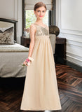 Chaya A-Line V-neck Floor-Length Chiffon Sequined Junior Bridesmaid Dress With Ruffle STAP0013430