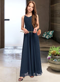 Adeline A-Line V-neck Floor-Length Chiffon Junior Bridesmaid Dress With Bow(s) STAP0013432