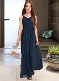 Adeline A-Line V-neck Floor-Length Chiffon Junior Bridesmaid Dress With Bow(s) STAP0013432