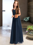 Adeline A-Line V-neck Floor-Length Chiffon Junior Bridesmaid Dress With Bow(s) STAP0013432