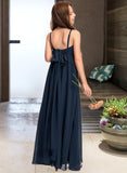 Adeline A-Line V-neck Floor-Length Chiffon Junior Bridesmaid Dress With Bow(s) STAP0013432