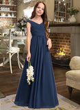 Gretchen A-Line Off-the-Shoulder Floor-Length Chiffon Junior Bridesmaid Dress With Ruffles STAP0013436