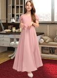 Shania A-Line V-neck Floor-Length Chiffon Junior Bridesmaid Dress With Ruffle STAP0013437