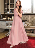 Shania A-Line V-neck Floor-Length Chiffon Junior Bridesmaid Dress With Ruffle STAP0013437